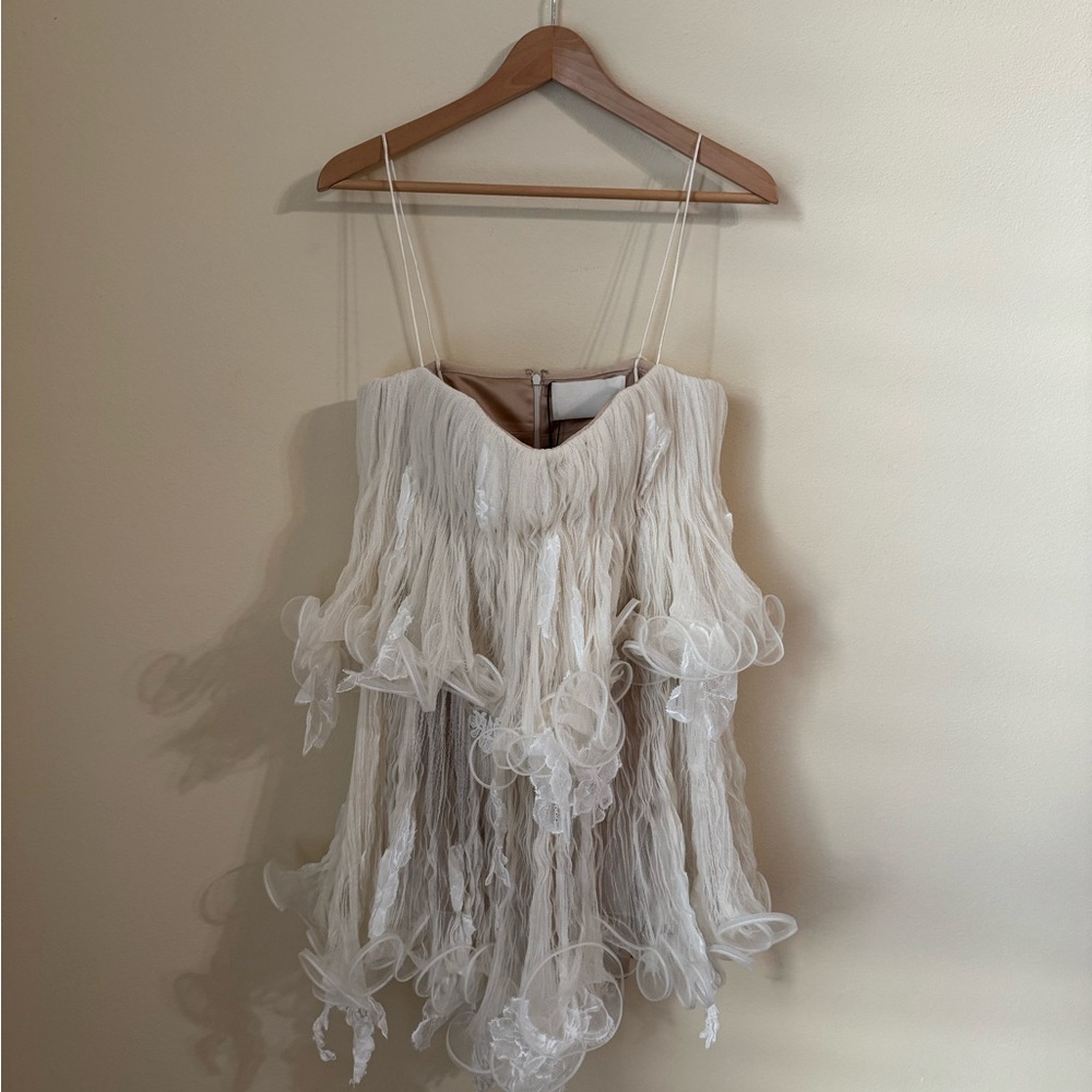 Danielle Frankel New Wendell Tiered Ruffled Lace Tulle Mini Dress Ivory Size 4 - Picture 4 of 11
